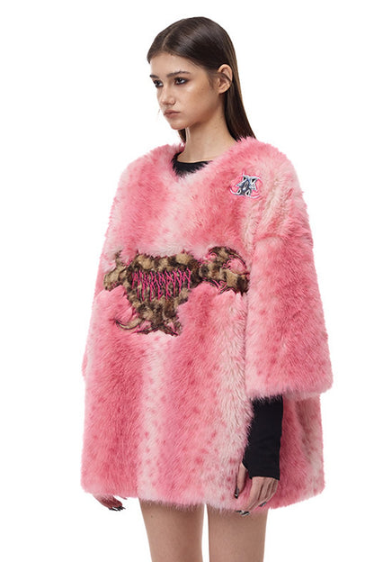 Pink Leopard Heart Embroidered Faux Fur Jacket