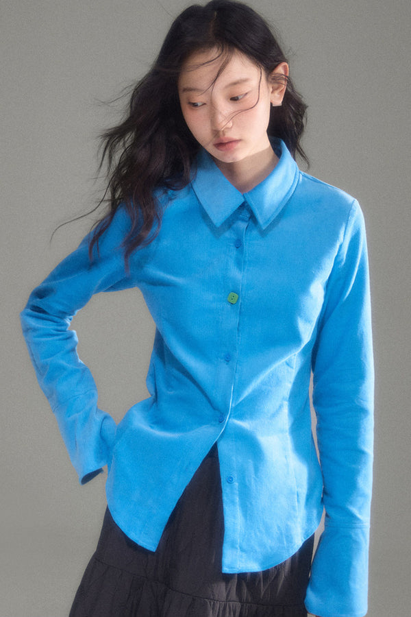 Irregular Button Pure Cotton Corduroy Bell-Sleeve Shirt