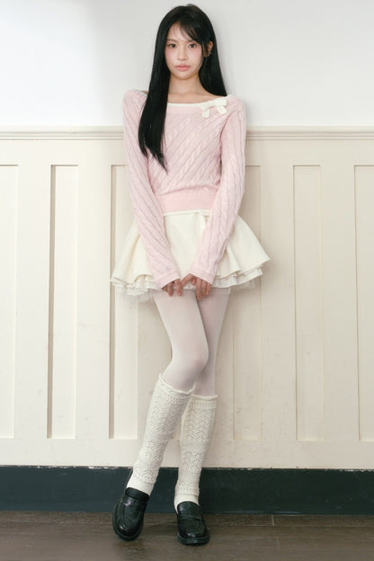 Pink Bow Cable-Knit Off-Shoulder Sweater