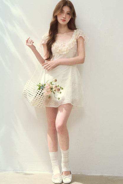 Rose Embroidered Square Neck Long Dress
