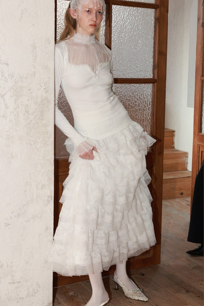 Elastic Waist Lace Cake Skirt