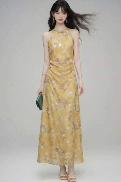 New Chinese Gold Jacquard Dress