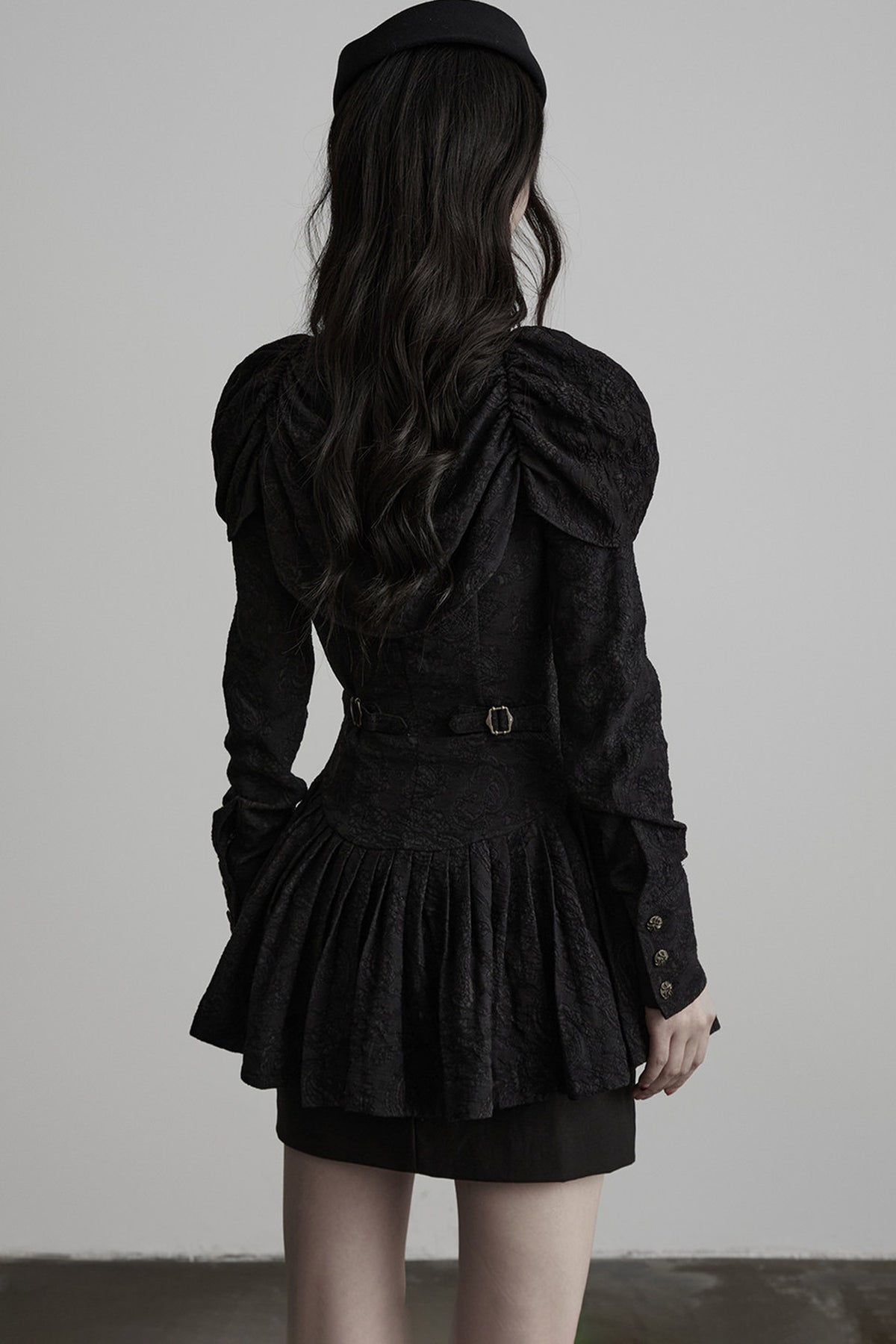 Jacquard Pleated Skirt-Style Hem Long-Sleeve Shirt