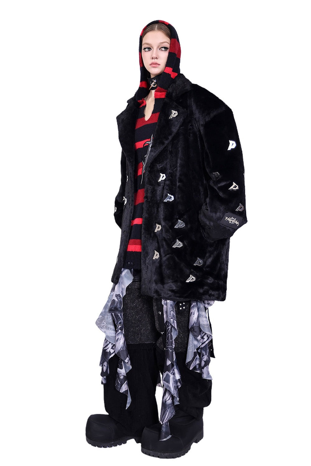 Letter Quilted Shoulder Pads Genderless Black Fur Jacket