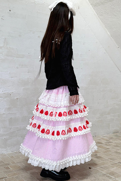 Strawberry Print Lace Tiered Skirt