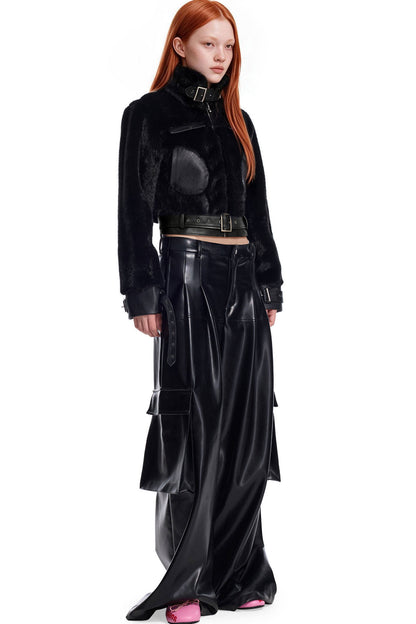 Imitation Mink Fur PU Leather Splicing Jacket