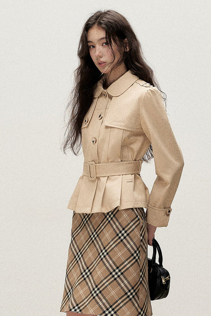 Cream Khaki Pleated A-Line Trench Coat