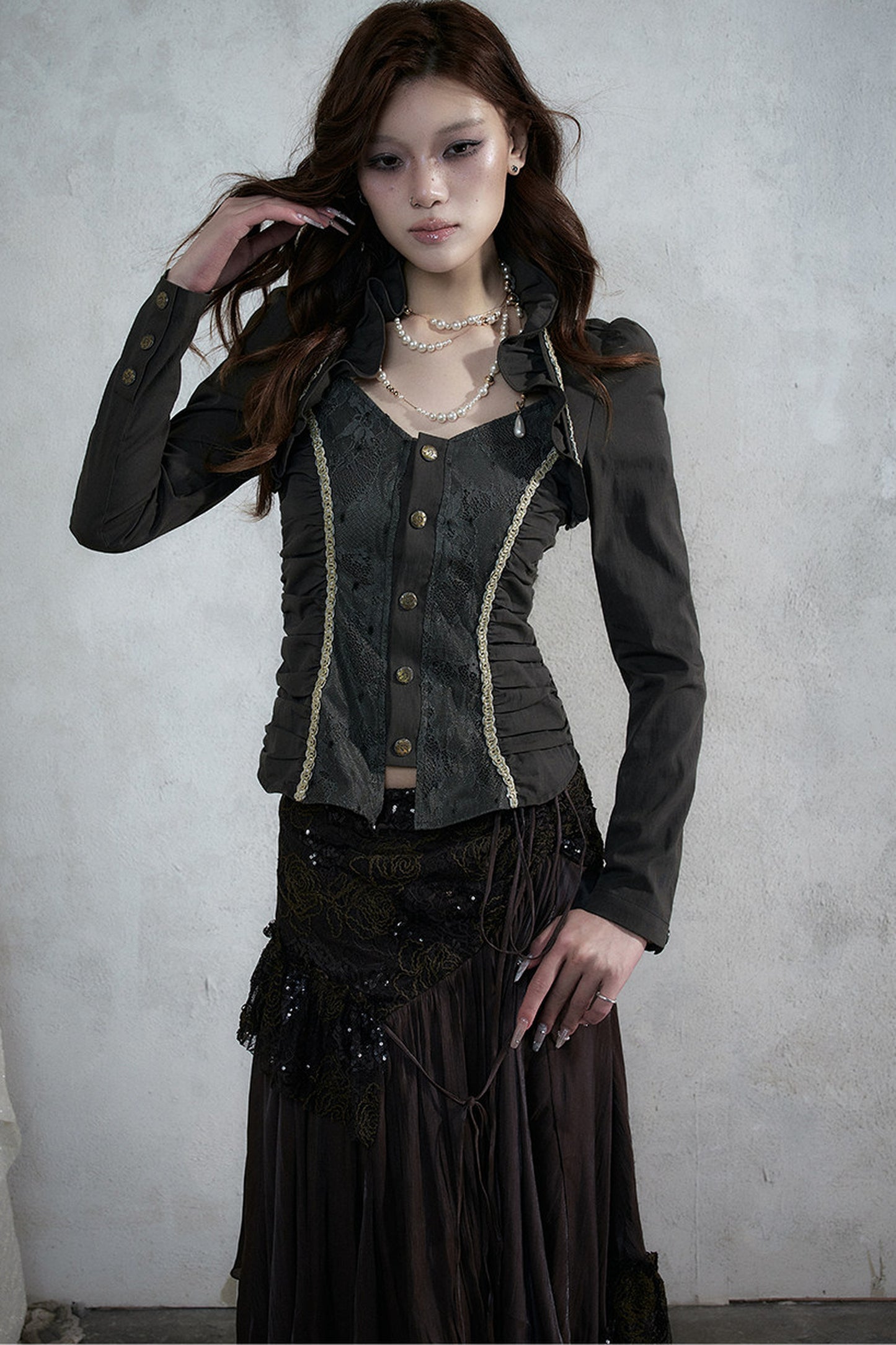 Lace Patchwork Ruched Layered-Look Shirt