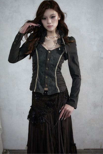 Lace Patchwork Ruched Layered-Look Shirt