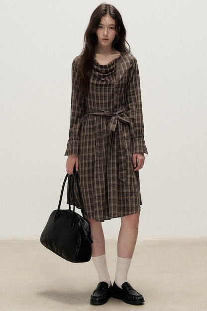 Plaid Diagonal Placket Ribbon Dress