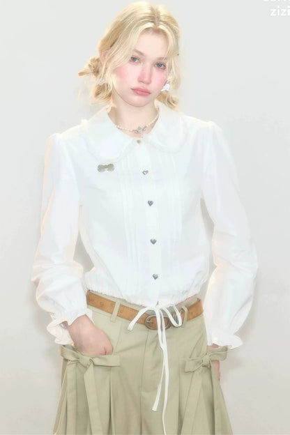Tassel Doll Collar Puff Sleeve Shirt