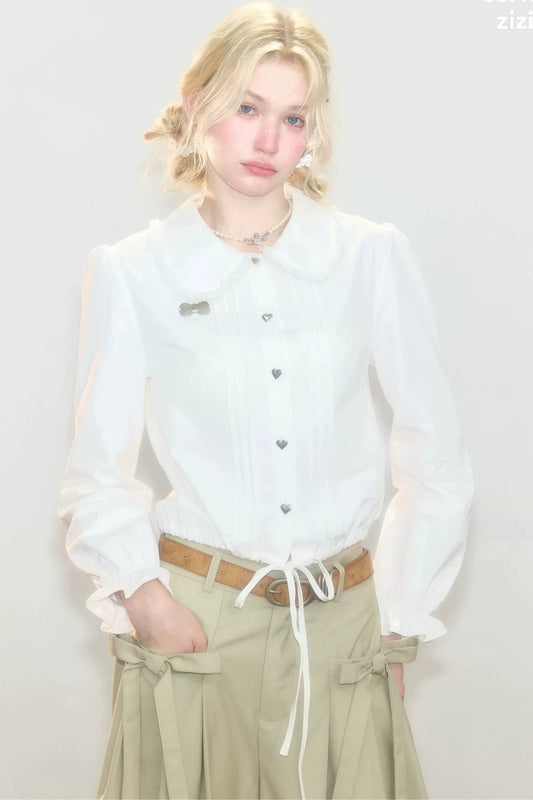 Tassel Doll Collar Puff Sleeve Shirt