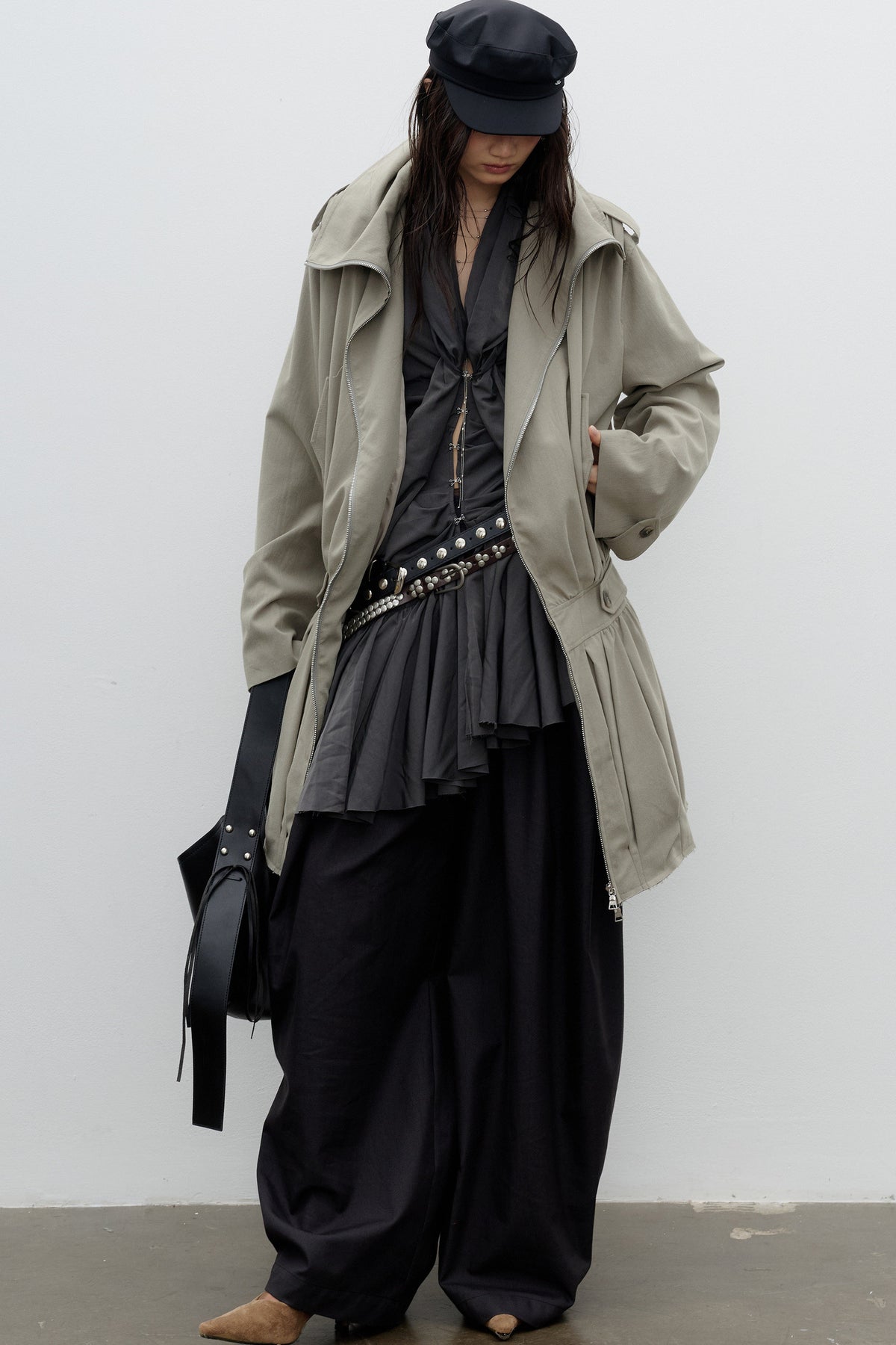 Sculptural Pleated Balloon Waist Khaki Windbreaker