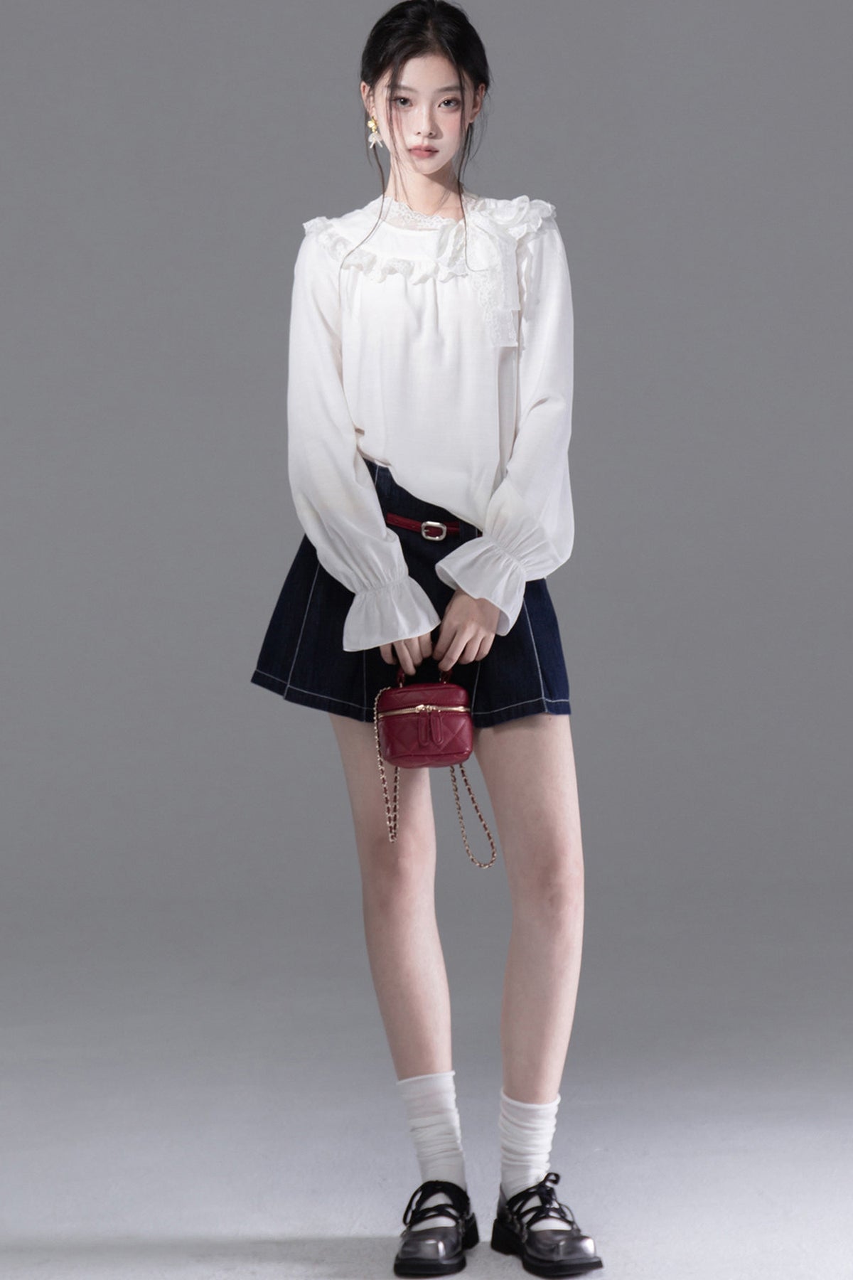 Cream Parfait Ruffle Collar Shirt and Dress Set-Up