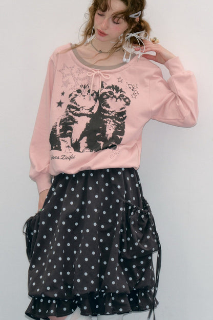 Rosa Sweatshirt mit Katzenprint und Bindeband