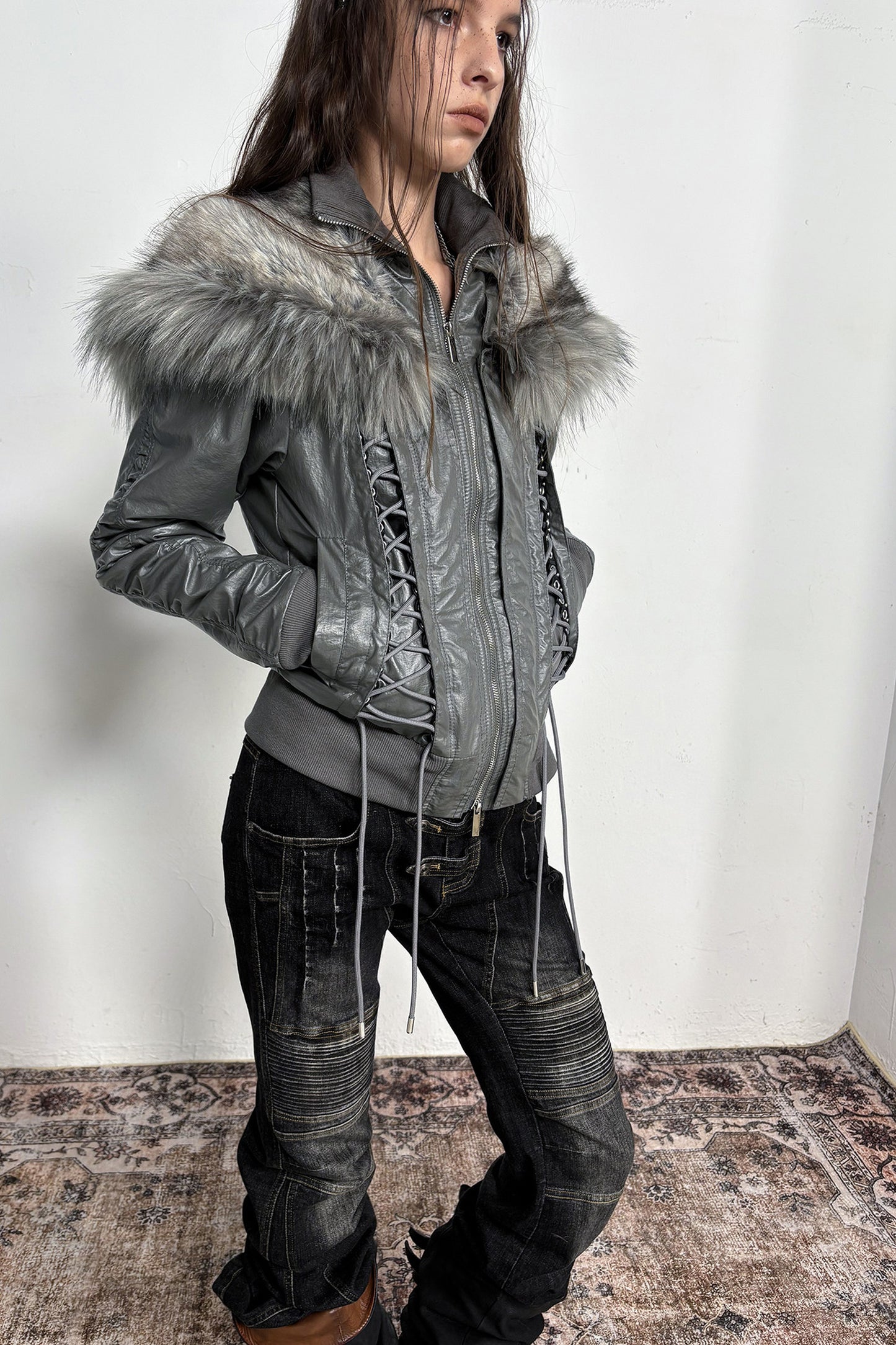 Lace-Up Fur Shawl Parka Jacket
