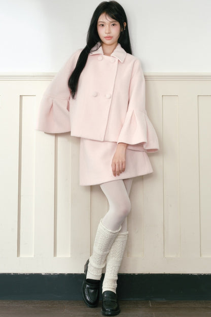 Completo cappotto e gonna in lana rosa
