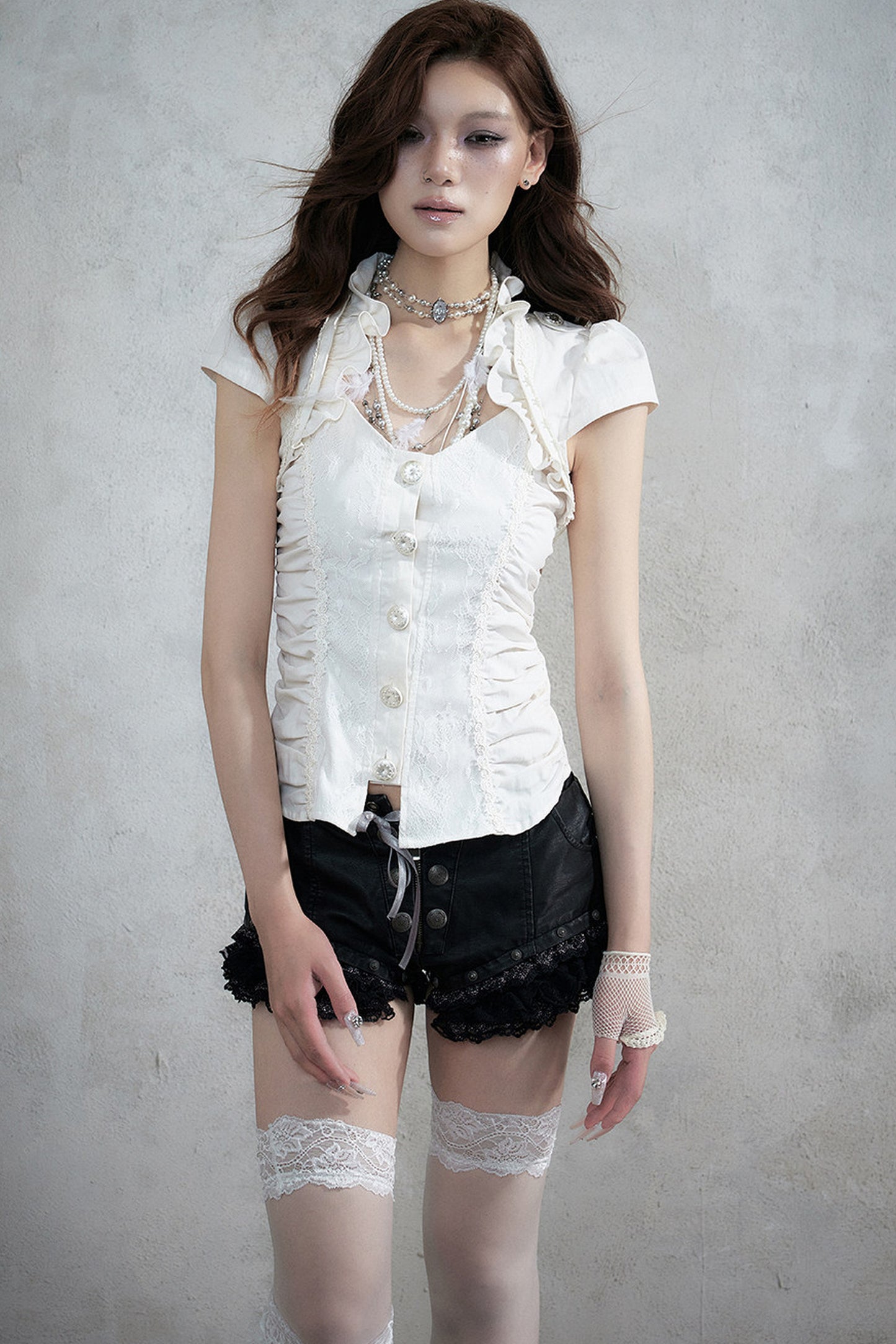 Lace Patchwork Ruched Layered-Look Shirt
