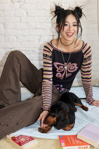 Butterfly Jacquard Striped Sweater