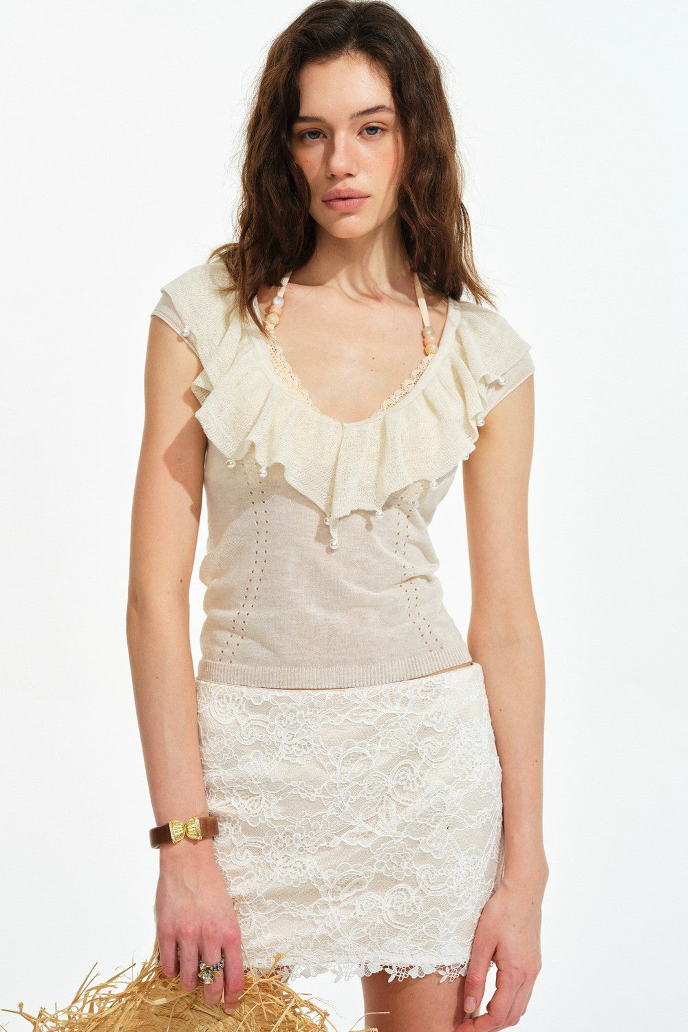 Retro Ruffle V-Neck Linen Knit Top set-Up