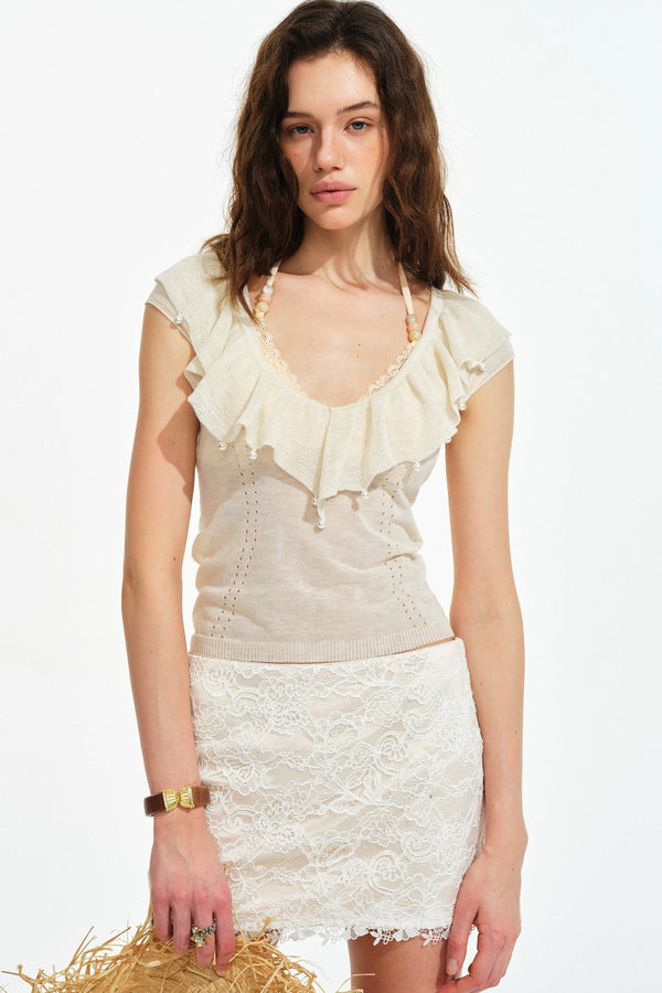 Retro Ruffle V-Neck Linen Knit Top set-Up