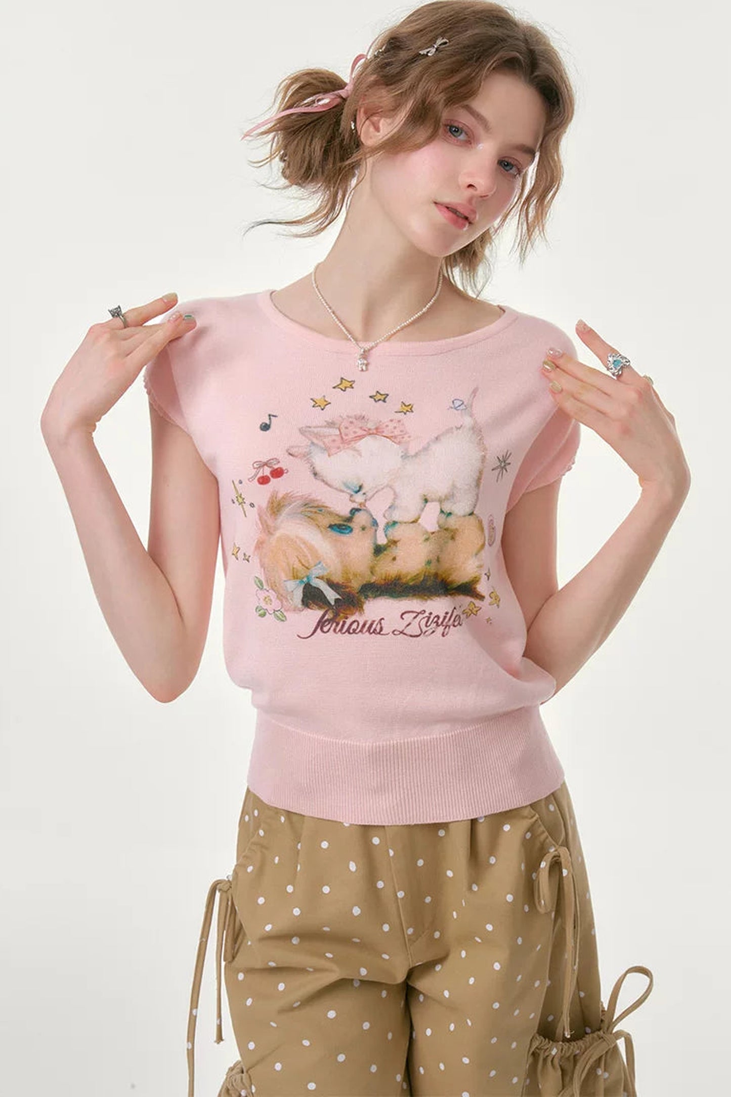 Pink Knitted Short-Sleeve T-Shirt