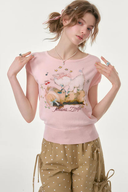 Pink Knitted Short-Sleeve T-Shirt