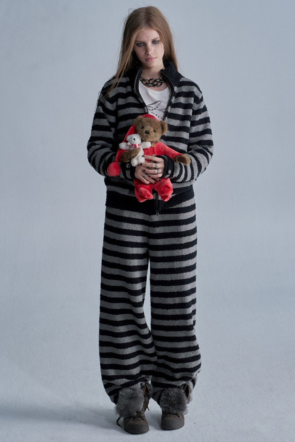 Striped Zip Cardigan and Pants Set