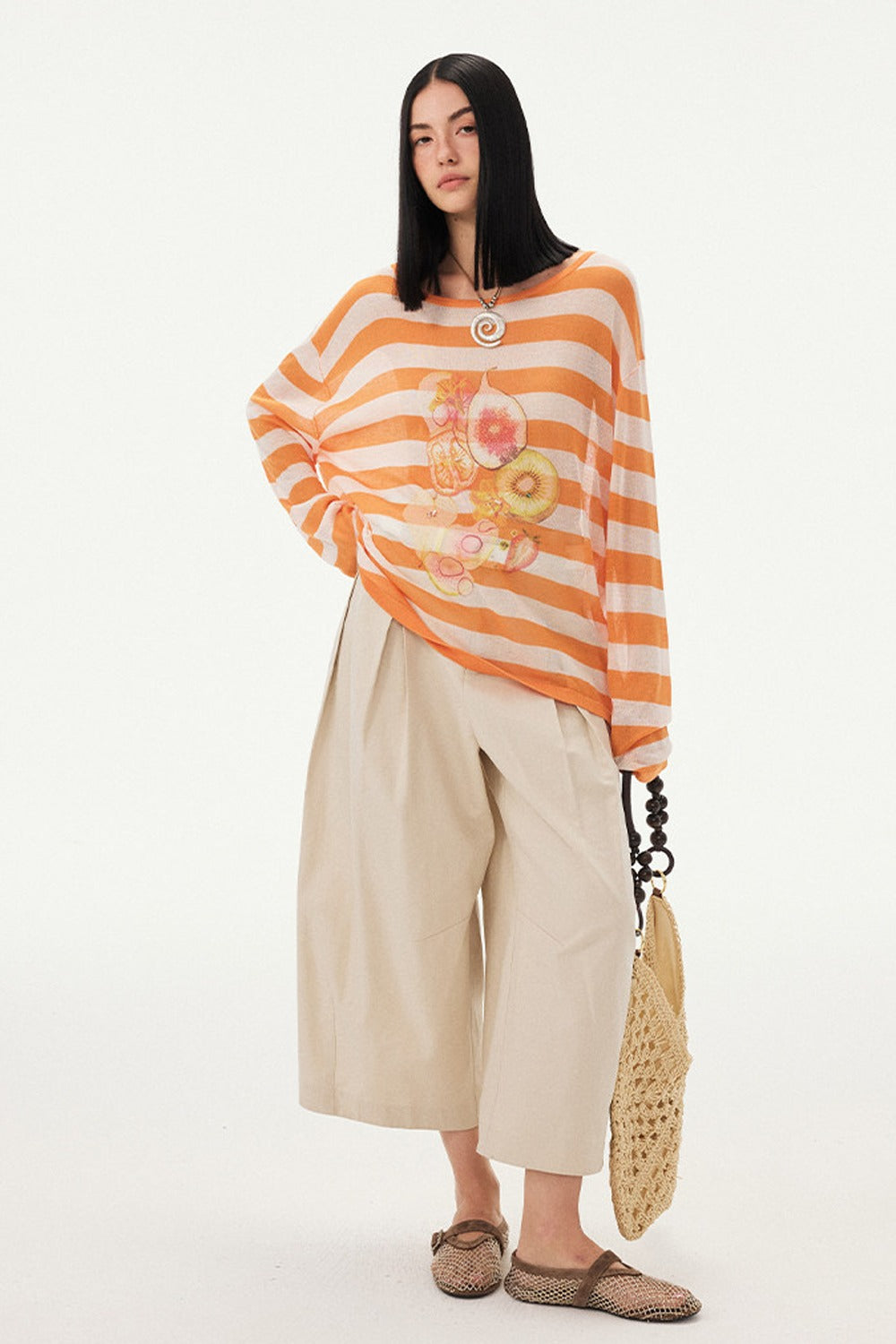 Gestreifte Bluse mit Fruchtprint und asymmetrischer Schulter