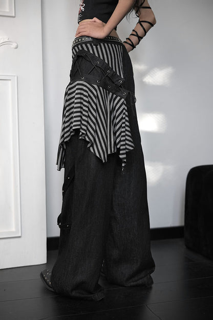 Striped Leopard Patchwork Tie-Up Wide-Leg Jeans