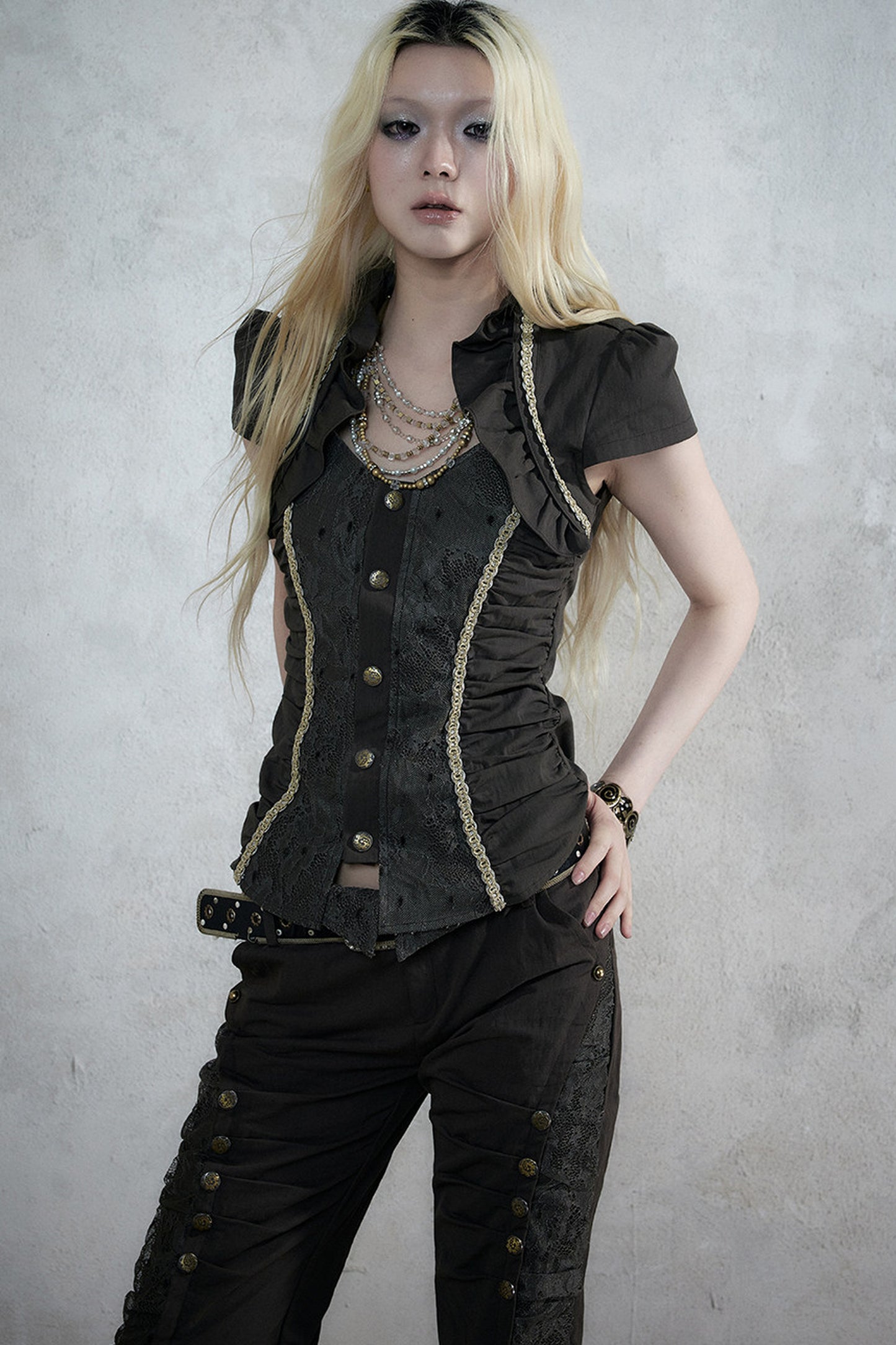 Lace Patchwork Ruched Layered-Look Shirt