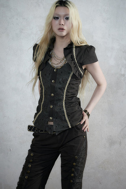 Lace Patchwork Ruched Layered-Look Shirt