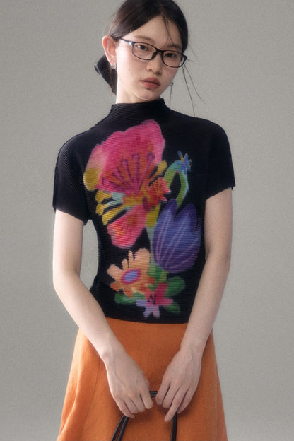 Floral Corn Pleat Knit Top