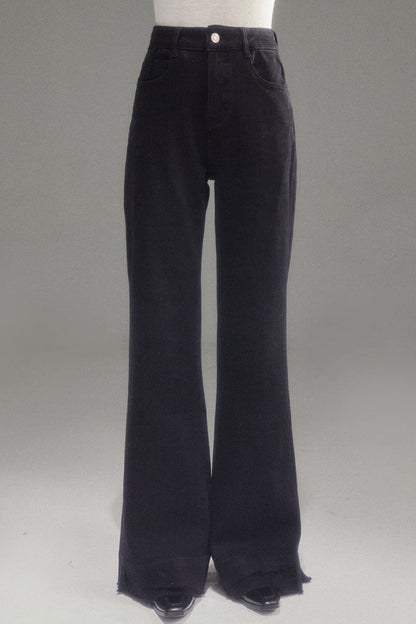 High-Waisted Fleece-Lined Flared Raw Hem Slit Jeans