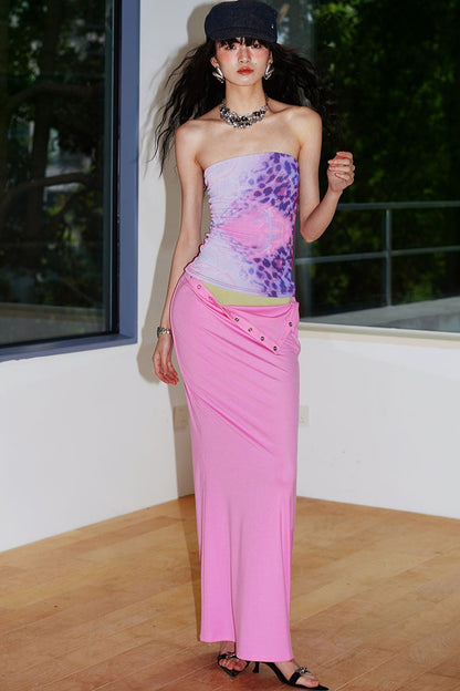 Retro Color-Block Lyocell Skirt