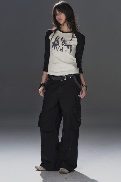 Pony Print Black White Splicing Raglan T-shirt