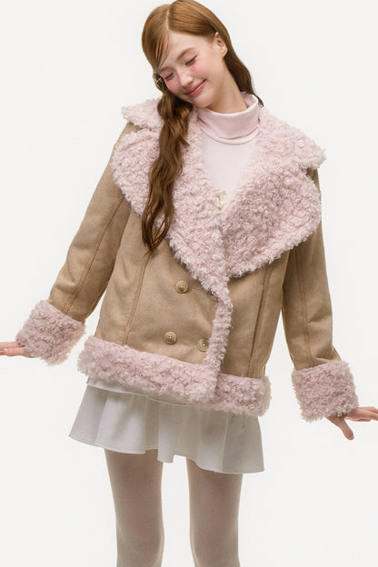 Pink Lamb Wool Patchwork Suede Jacket