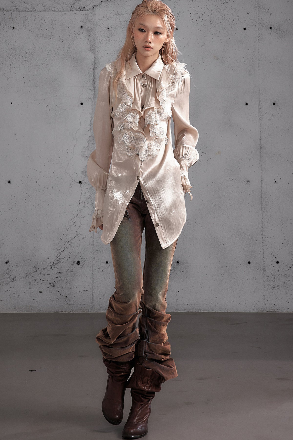 Ruffled Lace Patchwork Satin Blouse