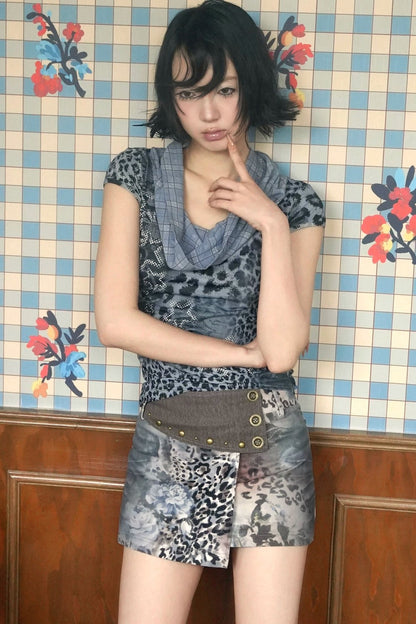 Vintage Leopard Floral Stud Short Skirt