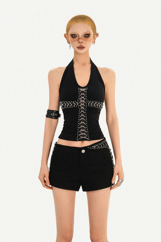V-Neck Halter Tie-Waist Backless Top and Shorts Set