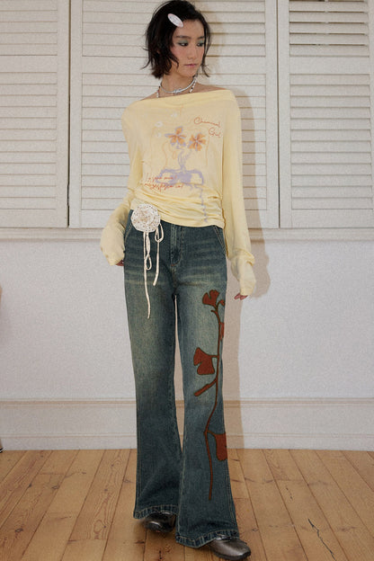 Ginkgo Leaf Embroidered Denim Pants