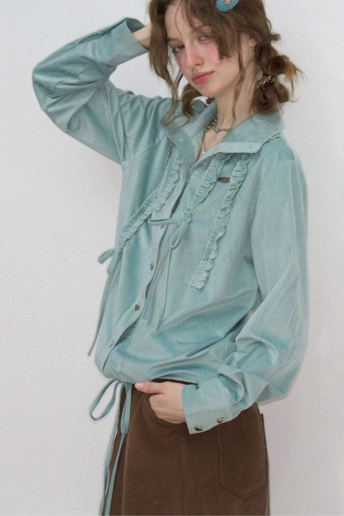 Lace Drawstring Stand Collar Shirt