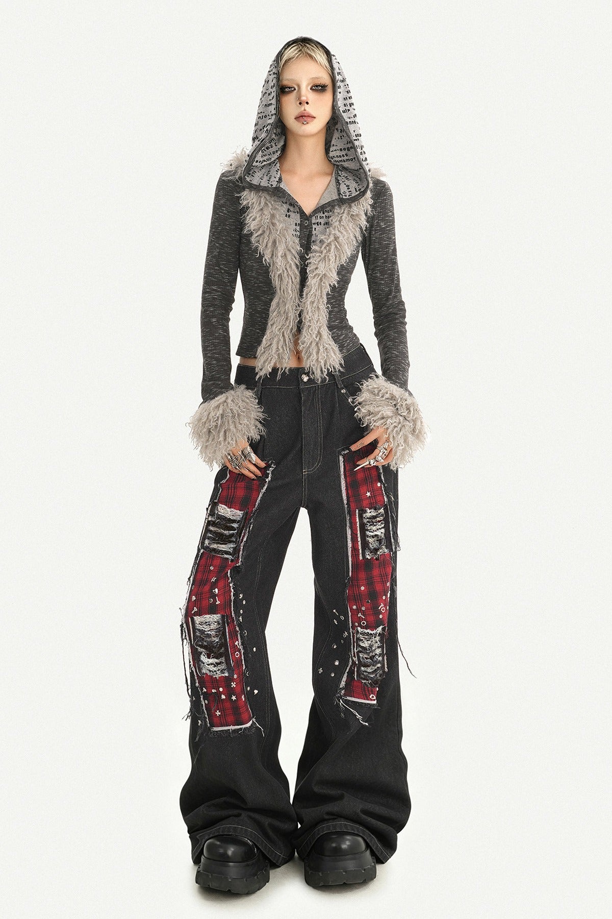 Black Red Plaid Punk Jeans