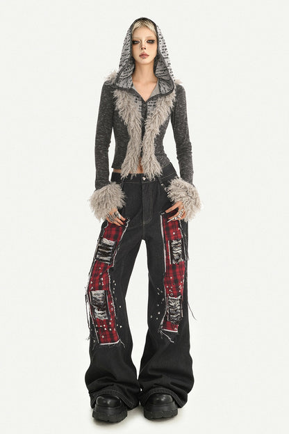 Black Red Plaid Punk Jeans