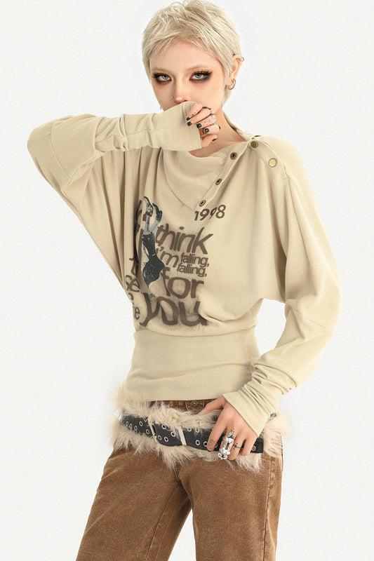 High-Neck Letter Print Long-Sleeve T-Shirt