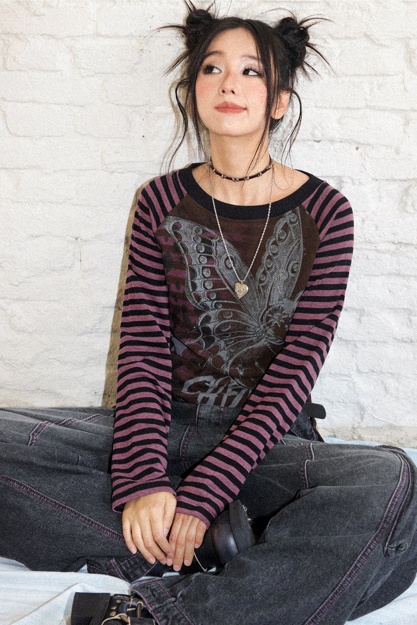Striped Spliced Raglan Cat Print Top