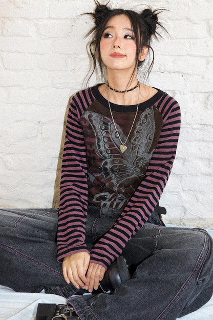Striped Spliced Raglan Cat Print Top