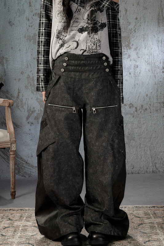 Black Patchwork Ripped High-Waisted Cargo Pants