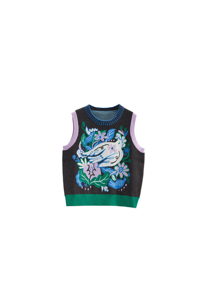 Nightingale Rose Bird Jacquard Knit Cardigan Vest and Skirt Set-Up