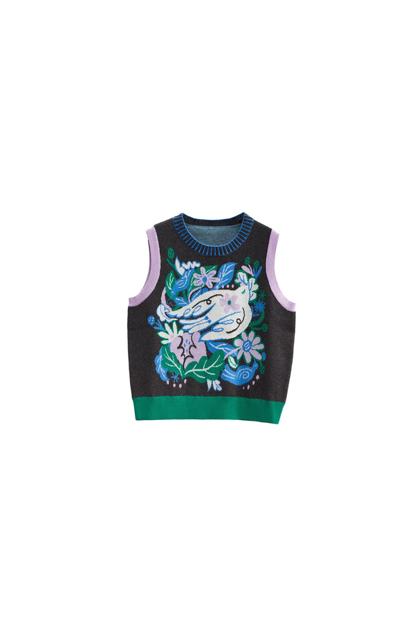 Nightingale Rose Bird Jacquard Knit Cardigan Vest and Skirt Set-Up